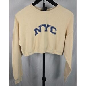 Forever 21 NYC Crop Sweatshirt Small Cream Thermal Knit Varsity Y2K Preppy Acubi